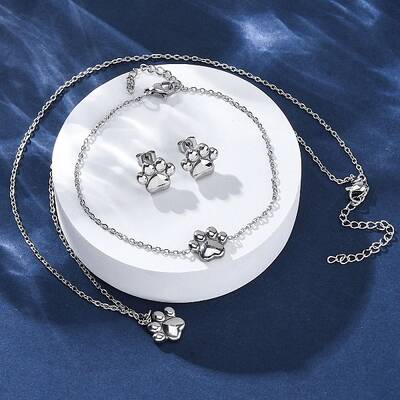 Dog Paw Print 304 Stainless Steel Pendant Necklaces & Bracelets & Stud Earrings Sets for Women