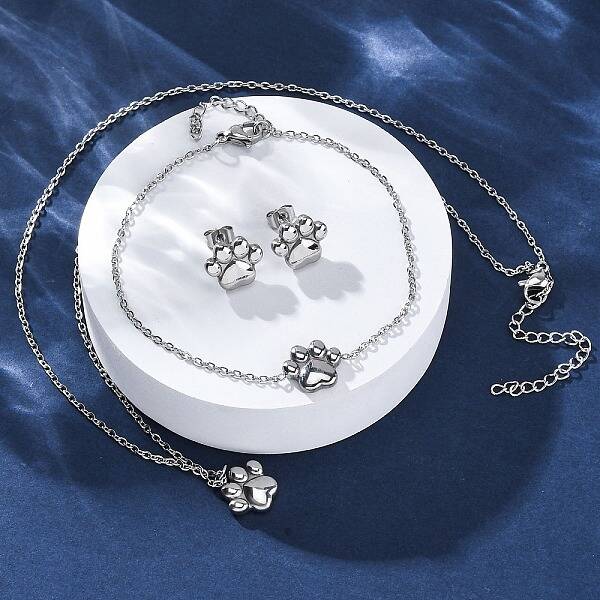 Dog Paw Print 304 Stainless Steel Pendant Necklaces & Bracelets & Stud Earrings Sets for Women