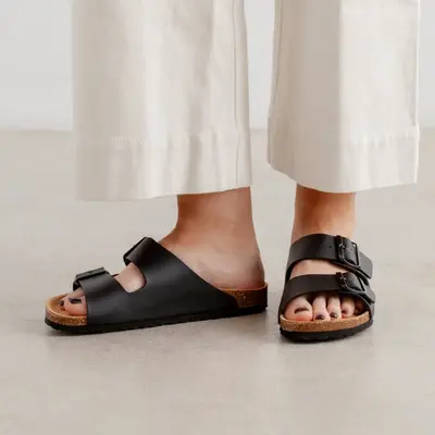 Marbella Vegan Leather Slip On Cork Sandal - Black | Select Size: 9 US (40EU) | Color: Black