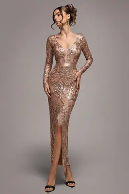 Goddiva Tassel & Sequin Midaxi With Front Split - Champagne