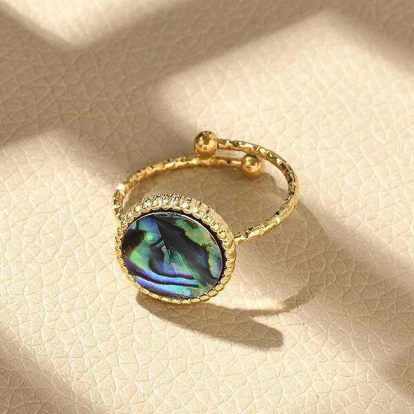 Flat Round 304 Stainless Steel Paua Shell Cuff Rings for Women