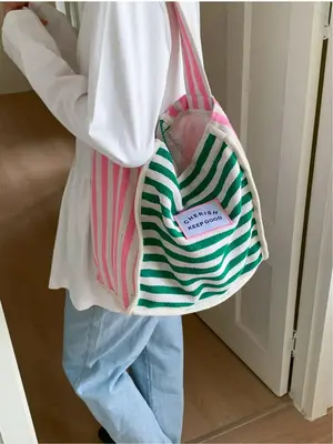 Women's Striped Pattern Tote Bag, Casual Versatile Shoulder Bag for Commuters and Students, Trendy All-match Bag for Daily Us...