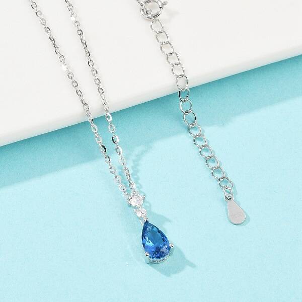 925 Sterling Silver Sapphire Rhinestone Teardrop Pendant Necklace for Women