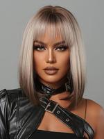Two Tone Ombre Synthetic Short Bob Wig with Bangs, Fashionable Straight Hair Cut, Ash Blonde Wig