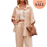 ZEAGOO Women 2 Piece Linen Sets Button Down Shirt and Drawstring Long Pants Set Summer Outfits