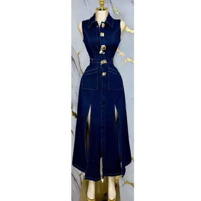 DENIM MAXI DRESS- BUTTON , STRETCHY, SLEEVELESS