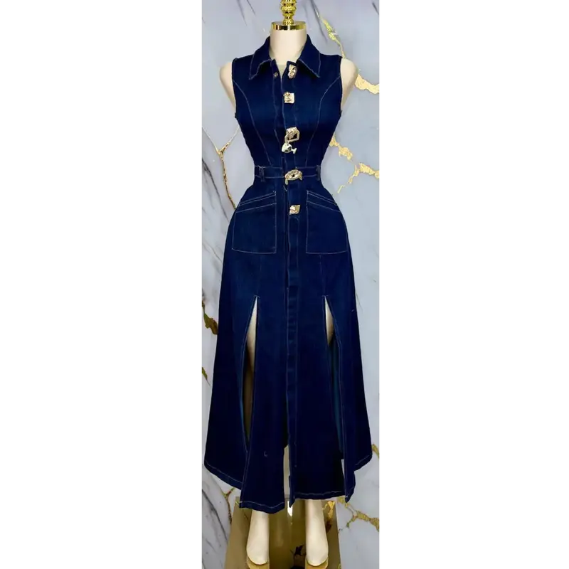 DENIM MAXI DRESS- BUTTON , STRETCHY, SLEEVELESS