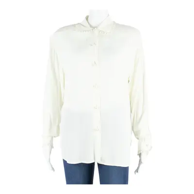 SUPERIOR Pearl Details Womens Shirt Blouse White Collared Long Sleeve S