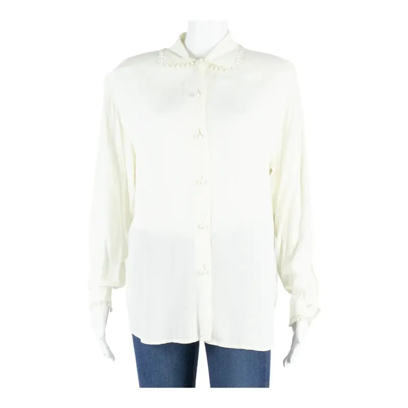 SUPERIOR Pearl Details Womens Shirt Blouse White Collared Long Sleeve S