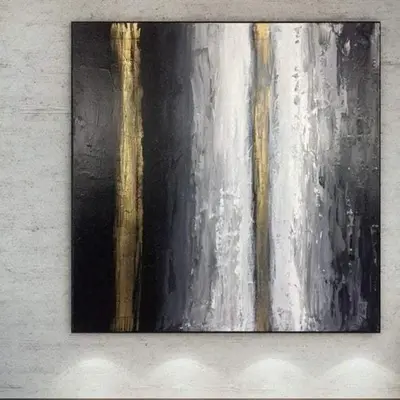 Black and White Artworks on Canvas Gray Modern Painting Gold Leaf Art Oversized Painting Minimalist Wall Art Decor Canvas Pai...