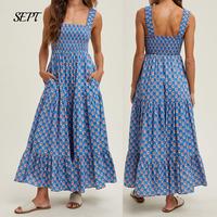 Women Floral Tank Dress Smocked Square Neck Sleeveless Backless A-line Long Tiered Ruffle Dress With Pockets