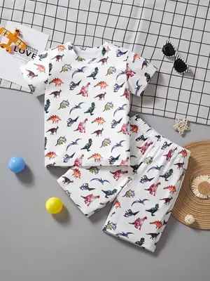 Two-piece Set Toddler Boy's Cartoon Dinosaur Print Short Sleeve Tee & Shorts, Casual Round Neck T-shirt & Shorts, Summer Clot...