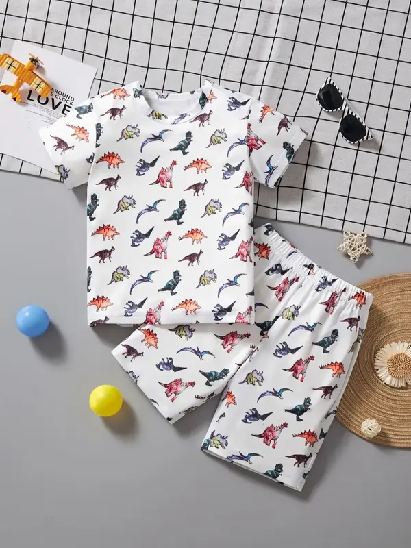Two-piece Set Toddler Boy's Cartoon Dinosaur Print Short Sleeve Tee & Shorts, Casual Round Neck T-shirt & Shorts, Summer Clot...