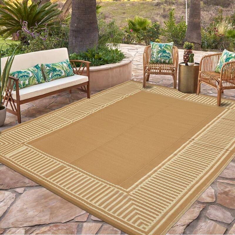 Garvee Waterproof Reversible Outdoor Rug 8x10ft – Modern Brown Plastic Straw Carpet, UV Resistant, Easy to Clean, Collapsib...
