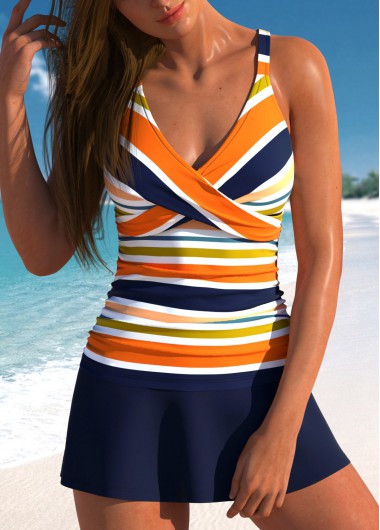 Modlily Surplice Multi Stripe Print Navy Tankini Set - S