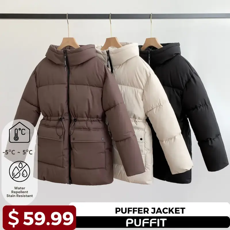 PUFFIT Women Mid Length Puffer Jacket Hood Winter, Mid Length Ladies Outwear Coat Big Pocket with Waist Drawcord #FallFreshne...