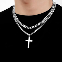 Layered Cross Necklace for Men Boys Stainless Steel Layered Cuban Link Chain 16-24 inch Christian Cross Pendant Religious Jew...