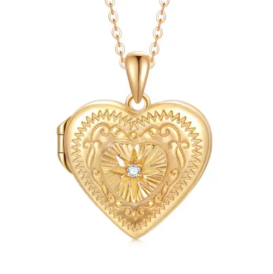 10K Gold Circular Shaped Cubic Zirconia Heart & Star Of David Personalized Photo Locket Necklace