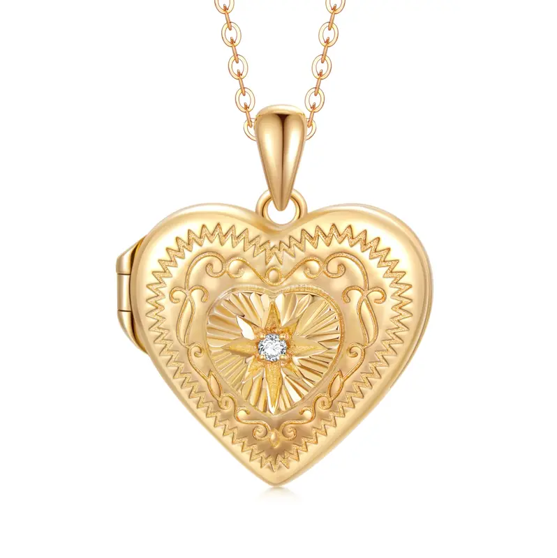 10K Gold Circular Shaped Cubic Zirconia Heart & Star Of David Personalized Photo Locket Necklace