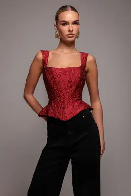 Goddiva Sleeveless Jacquard Lace Up Back Corset - Red