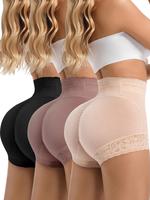 Women's 3 Counts Plain Contrast Lace High Waist Shapewear Shorts with Hip Padding, Casual Tummy Control Butt Lift Shapewear P...