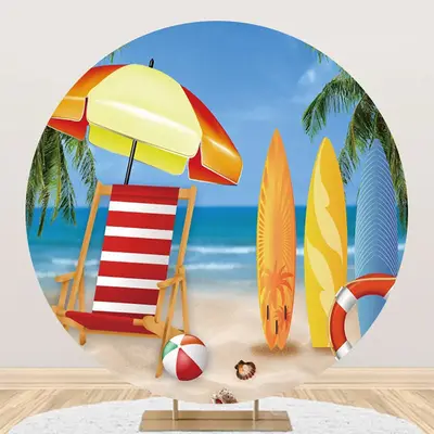 Awning Surfboard Hawaii Beach Round Birthday Backdrop