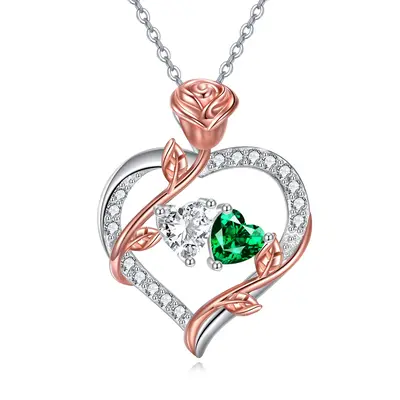 Sterling Silver Two-tone & Personalized Birthstone Rose & Couple & Heart Pendant Necklace