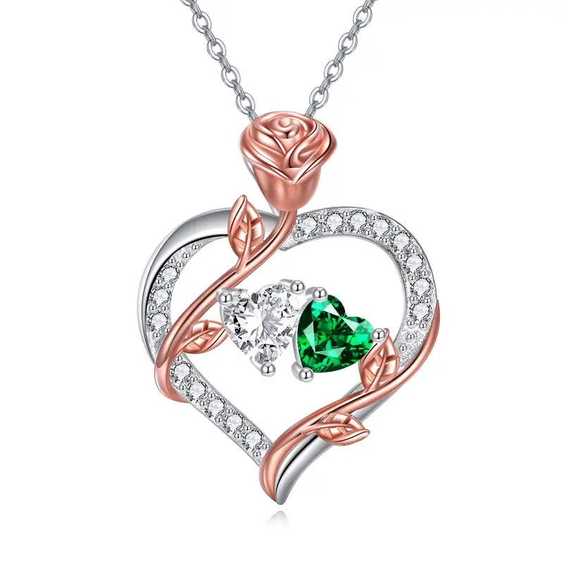 Sterling Silver Two-tone & Personalized Birthstone Rose & Couple & Heart Pendant Necklace