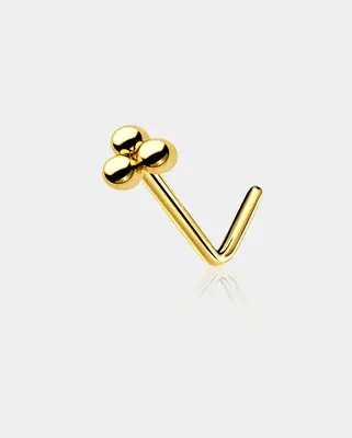 Three Ball Beaded L-Shaped Nose Stud - Gold