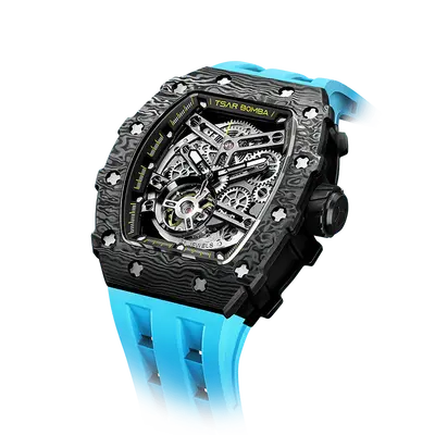 TSAR BOMBA Men's Automatic Watch | Carbon Fiber Luxury Skeleton Wristwatch | Fashion Blue | Elemental TB8208CF | Tonneau Mech...