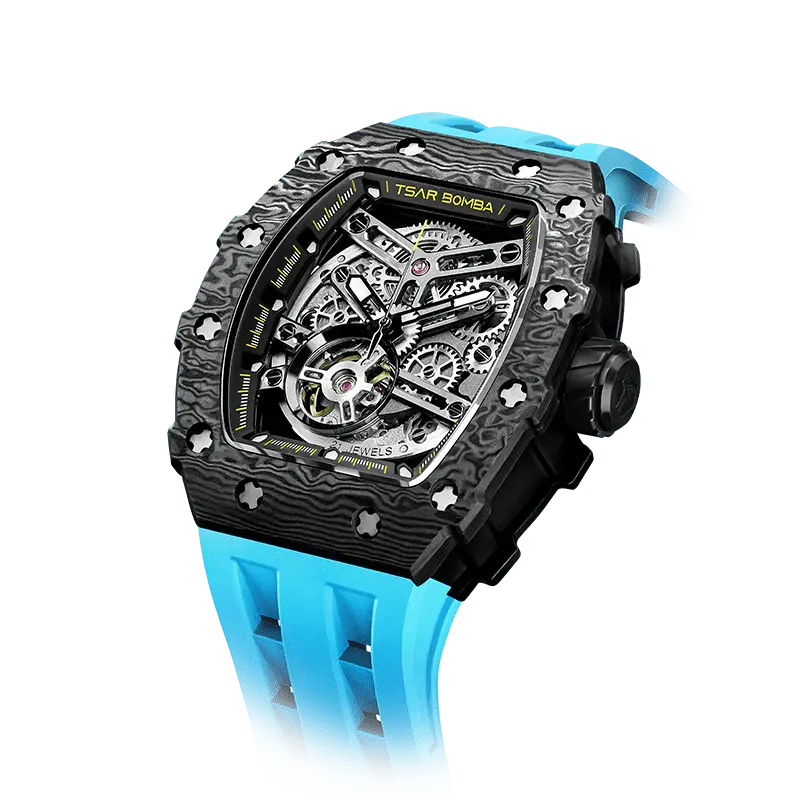 TSAR BOMBA Men's Automatic Watch | Carbon Fiber Luxury Skeleton Wristwatch | Fashion Blue | Elemental TB8208CF | Tonneau Mech...