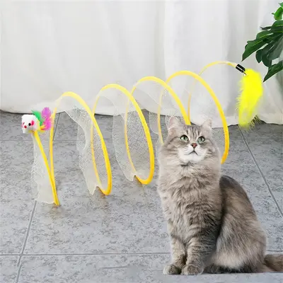 Cat Tunnel Toy, Foldable Cat Tube with Fake Mouse, Fun Cat Stuff, Interactive Kitten Spring Toy for Indoor, Pet Supplies