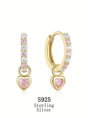 925 Sterling Silver Heart Shaped Rhinestone Decor Earrings, Cute Earrings for Women, Fashion Jewelry Accessories for Party, D...