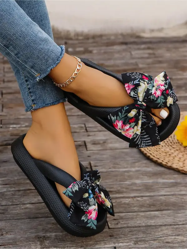 Women's Cute Floral Graphic Bowknot Design Platform Flip Flops for Spring, 2024 New Trendy Flatform Slide Sandals, Fashionabl...