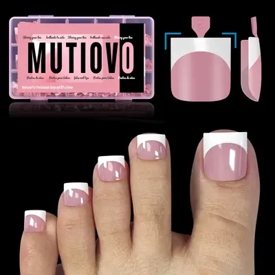 MUTIOVO French Tip Toe Nail Tips Press on Sharp Square Pre-Designed Soft Gel False Toenail Extension BERRY PINK Pre-applied T...