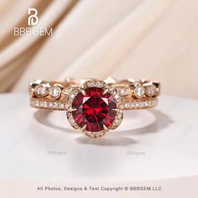 Antique Floral Ruby Halo Diamond Engagement Ring