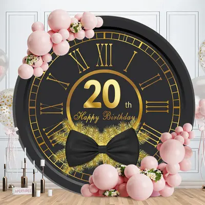 Aperturee Black And Gold Clock 20th Round Happy Birthday Backdrop