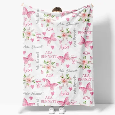 Aperturee Repeated Pink Butterfly Floral Custom Name Blanket - Aperturee