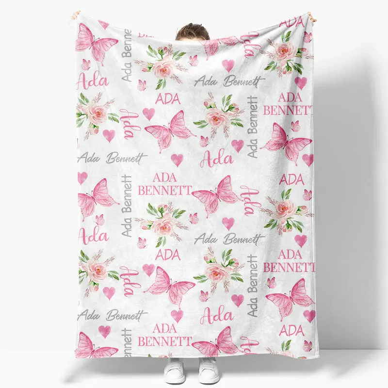 Aperturee Repeated Pink Butterfly Floral Custom Name Blanket - Aperturee