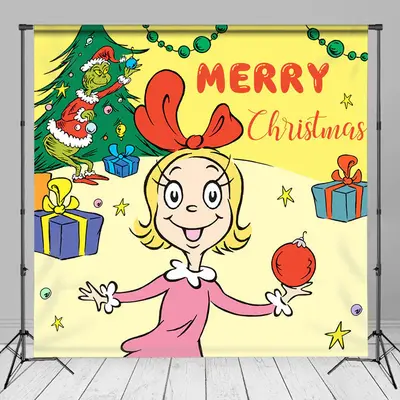 Yellow Girl Monster Tree Merry Christmas Backdrop - Aperturee