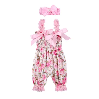 Newborn Infant Baby Girls Romper Polka Dots/ Flower/ Leopard Print Sleeveless Bowknot Lace Trim Jumpsuit Onesie with Headwear...