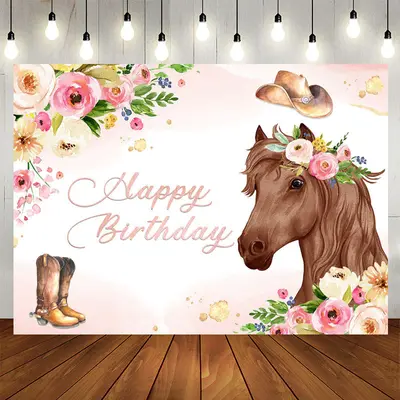 Aperturee Pink Floral and Horse Cowboy Themed Birthday Backdrop