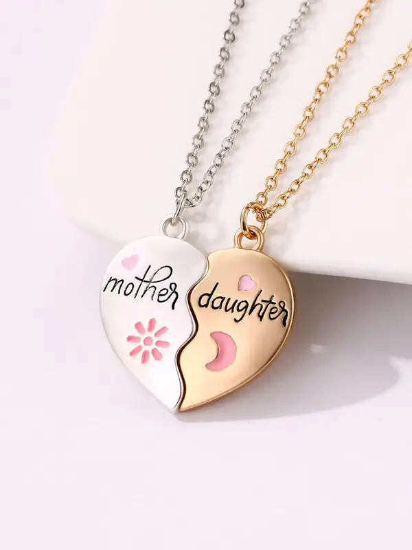 Women's Elegant Heart Charm Pendant Necklaces, 2 Counts/set Fashion Matching Necklaces for Mother & Daughter for Party, Daily...