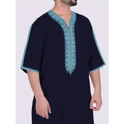 [Soft Moroccan Geometric Robe] Polyester Fabric Soft and Comfortable Robe - Moroccan Men's Geometric Pattern Embroidered Shor...