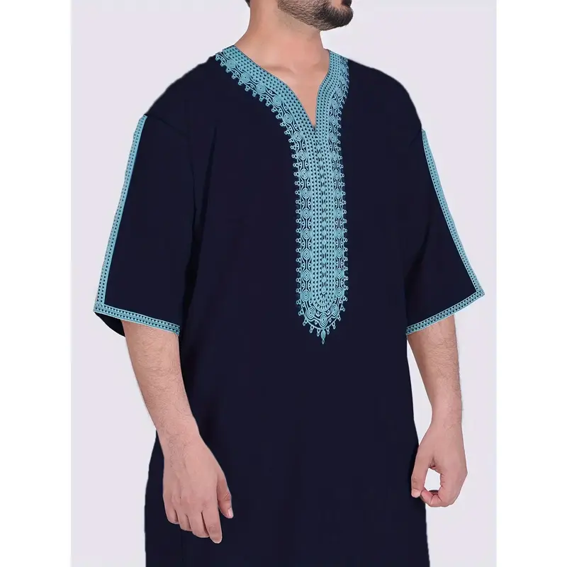 [Soft Moroccan Geometric Robe] Polyester Fabric Soft and Comfortable Robe - Moroccan Men's Geometric Pattern Embroidered Shor...