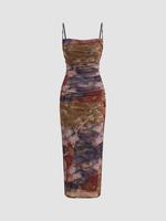 Women's All Over Print Ruched Cami Dress, Elegant Sleeveless Spaghetti Strap Dress for Party Holiday Wedding Guest, Ladies Su...