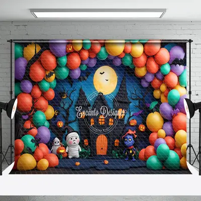Aperturee Colorful Balloon Moon Castle Ghost Halloween Backdrop - Aperturee