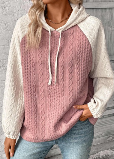 Modlily Pink Patchwork Long Sleeve Jacquard Hoodie - L