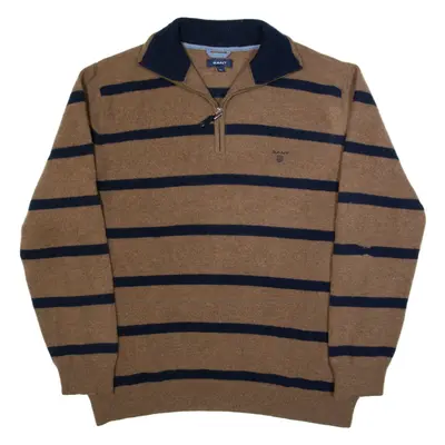 GANT Mens Patterned Jumper Brown Striped 1/4 Zip Tight Knit Wool 2XL