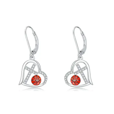 Sterling Silver Cubic Zirconia Basketball & Cross & Heart Lever-back Earrings
